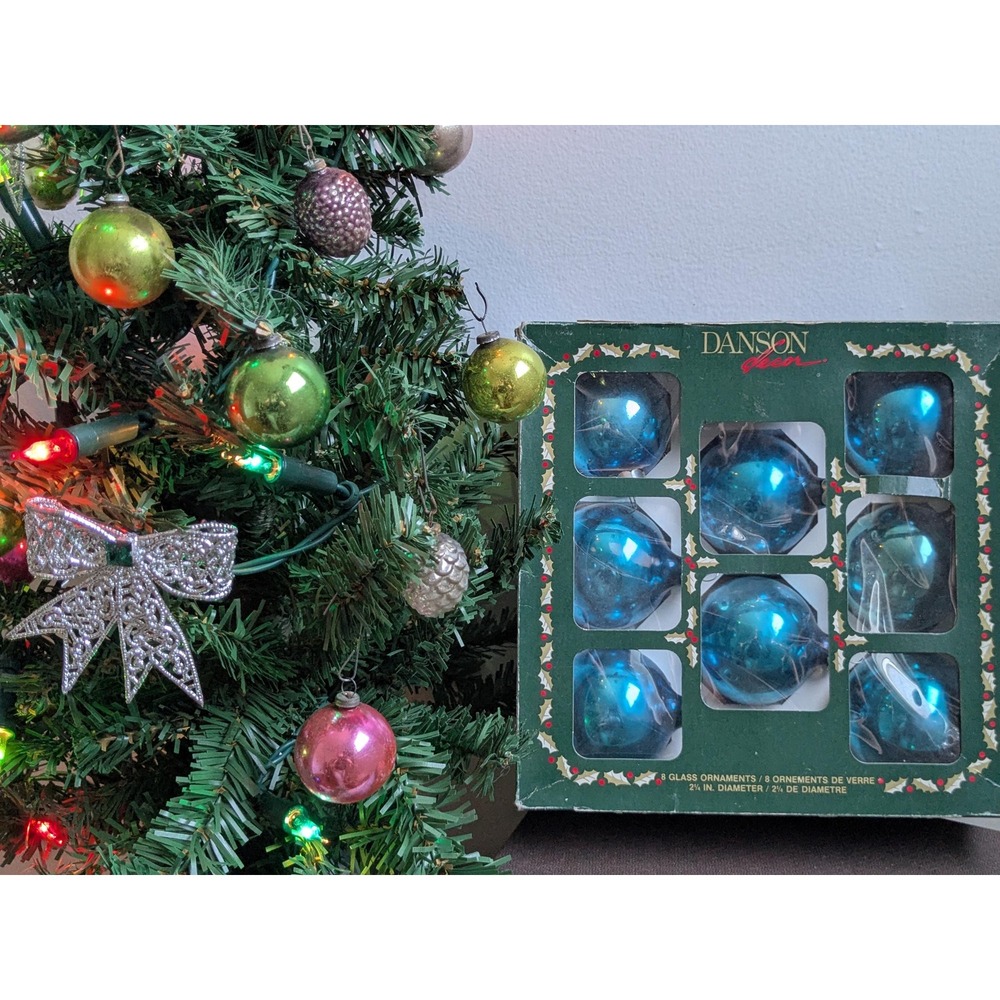 Curated Vintage Blue Glass Christmas Ornaments Set of 8 | Large 2.25" Shiny Tree